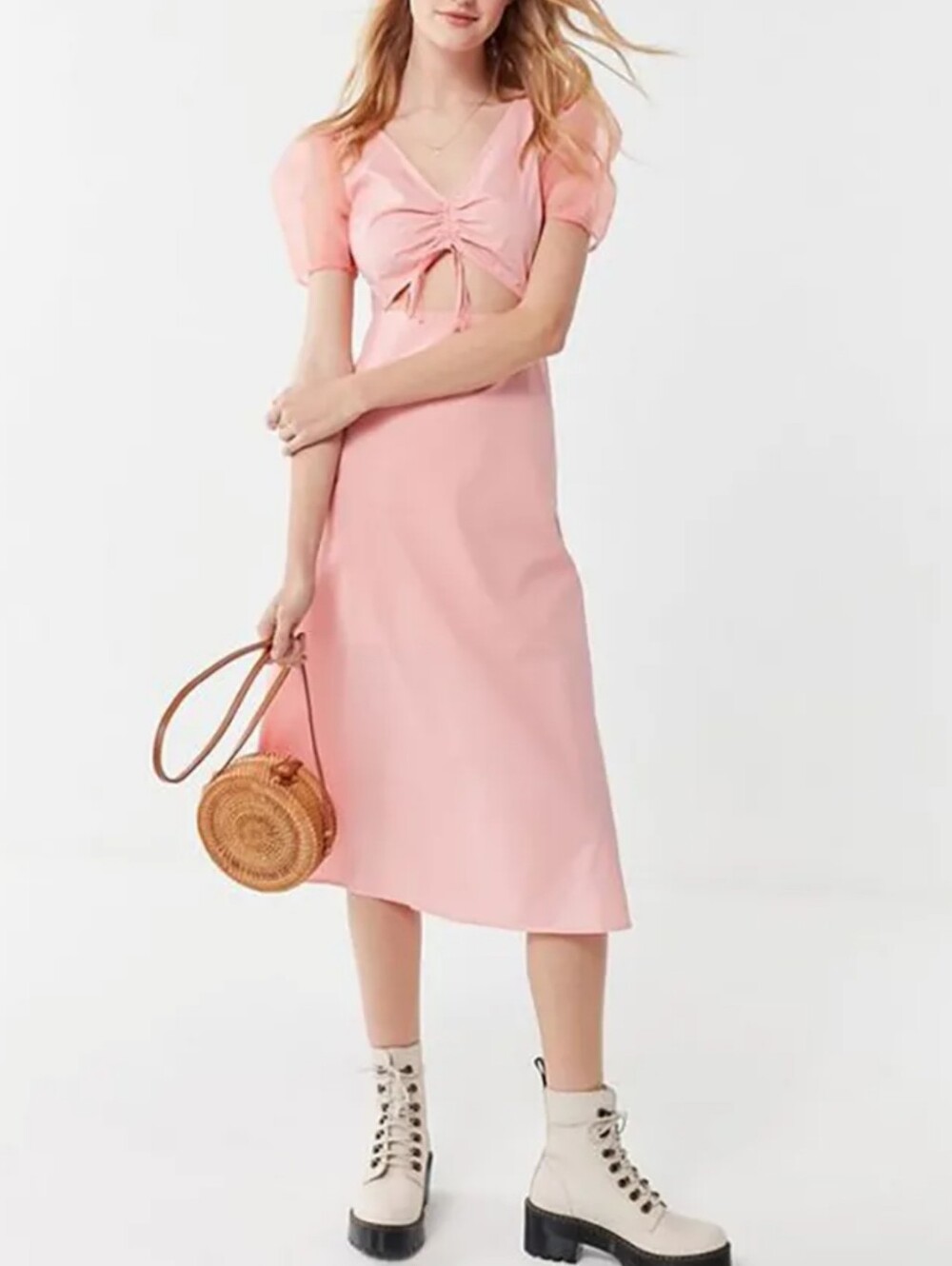 Urban Outfitters Organza Puff-Sleeve Cinched Midi Dress In Pink Size Medium